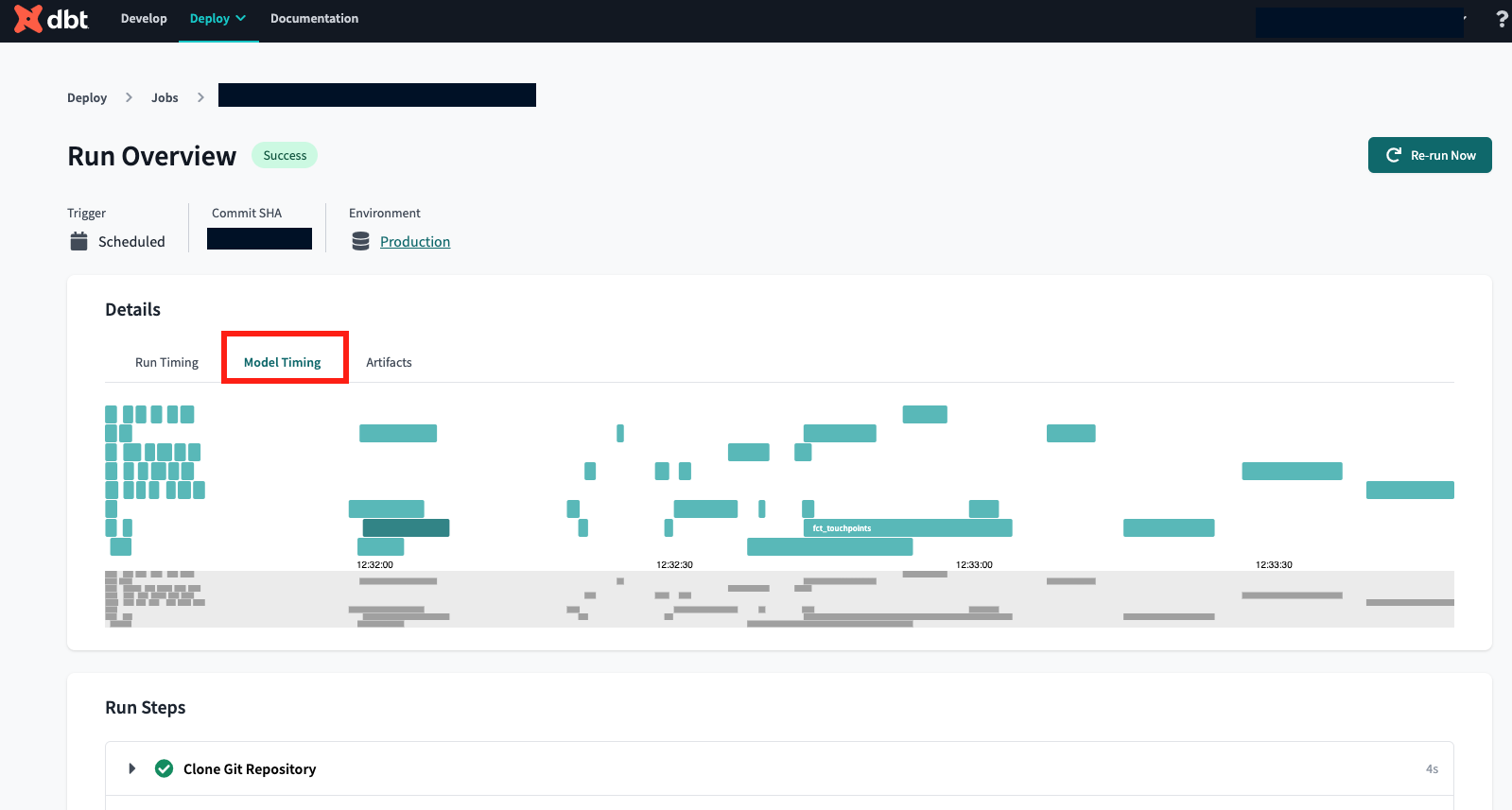 The model timing tab displays the top 1% of model durations and visualizes model bottlenecks