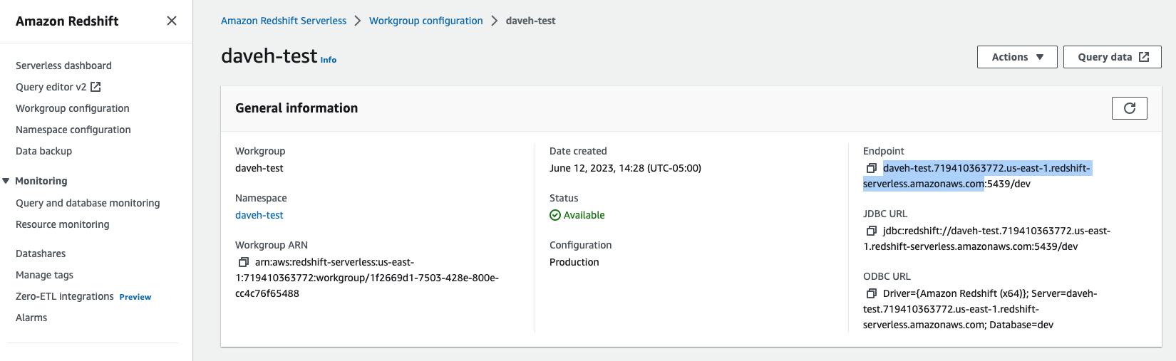 Redshift Serverless endpoint